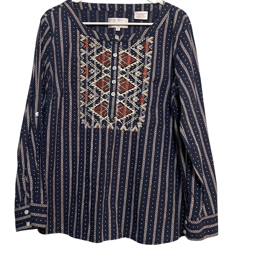 Panhandle Slim Womens Navy Blue Embroidered Cotton‎ Blouse Large NWOT Western